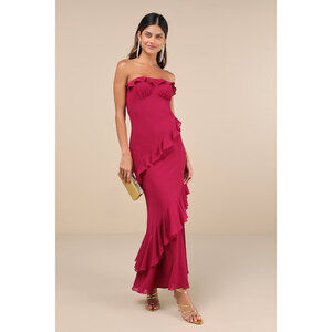 Lulus Dramatic Allure Magenta Ruffled Cutout Strapless Maxi Dress Purple